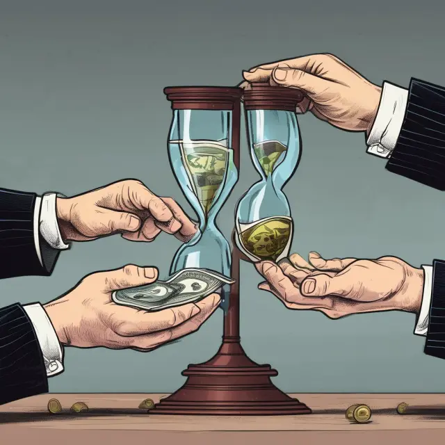 Two parties negotiate interest rate swaps, symbolized by hands exchanging currency-filled hourglasses, representing LIBOR rates