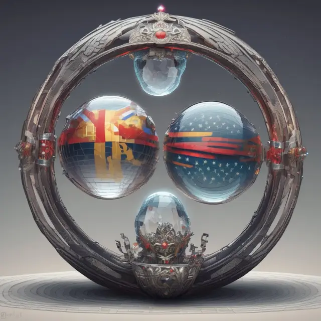Two parties engaging in a currency swap agreement, exchanging interest payments represented as crystal orbs while maintaining the balance with foreign flags symbolizing their respective currencies.