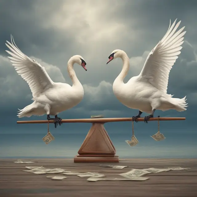 Golden swans exchanging currencies on a see-saw, symbolizing interest rate flexibility and currency risk management
