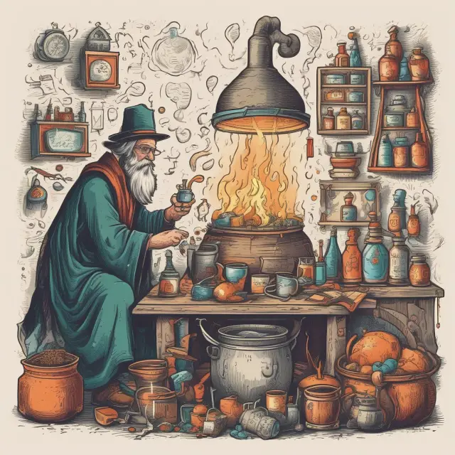 An alchemist preparing custom swaptions in a cauldron, minimizing financial risks for investors through various styles and currencies