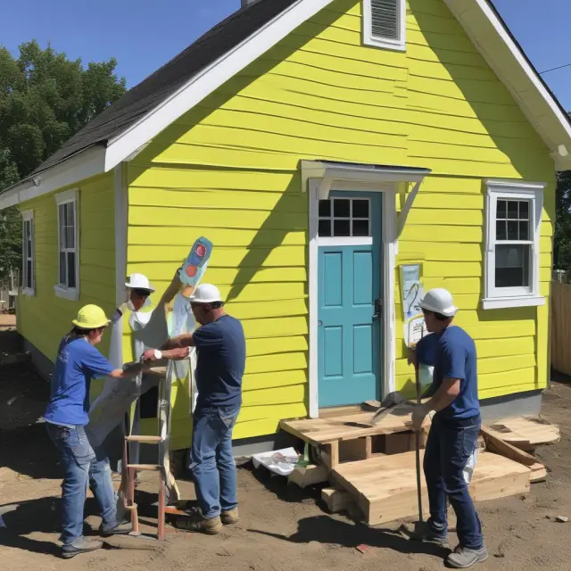 Homeowners and volunteers painting and landscaping a Habitat for Humanity home to build value through their labor