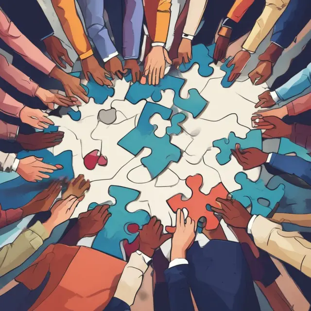 Entrepreneurs working together on a puzzle, each holding equity shares. Symbolizes the importance of sweat equity in corporate growth.