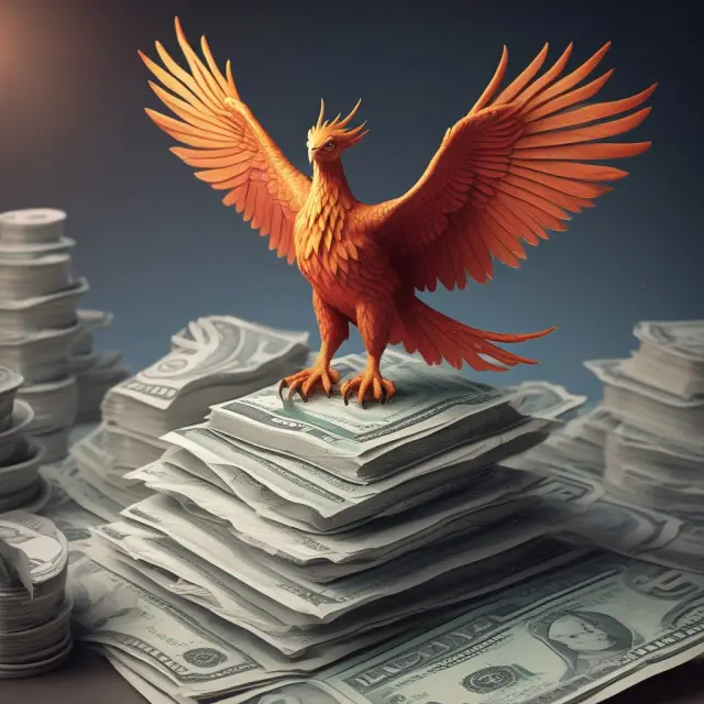 Entrepreneurial Phoenix: Sweat Equity vs. Traditional Investment. A phoenix rising from a stack of blueprints and dollar bills, symbolizing the transformation and value of labor and time.