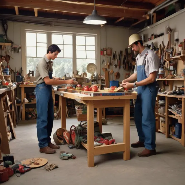 Founders Larry Page and Sergey Brin working in a garage, with an apple representing their vision for Google. Illustrating the concept of founder