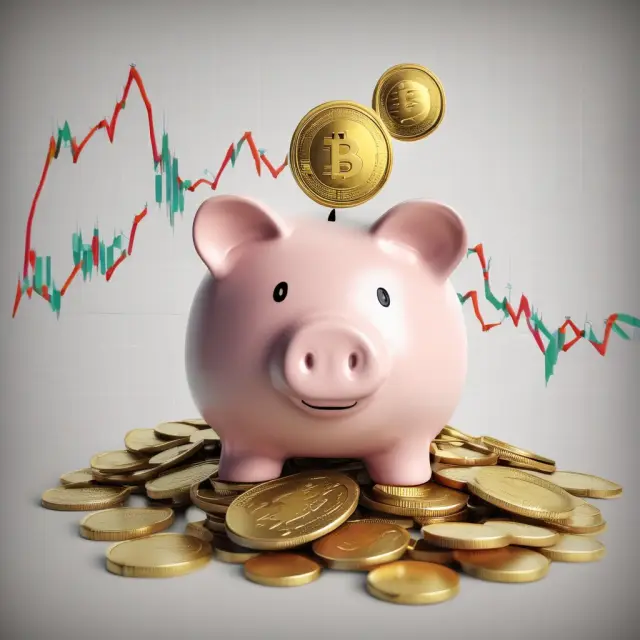 A golden piggy bank exchanging coins with stock market graphs, illustrating the automated transfer process of a sweep account