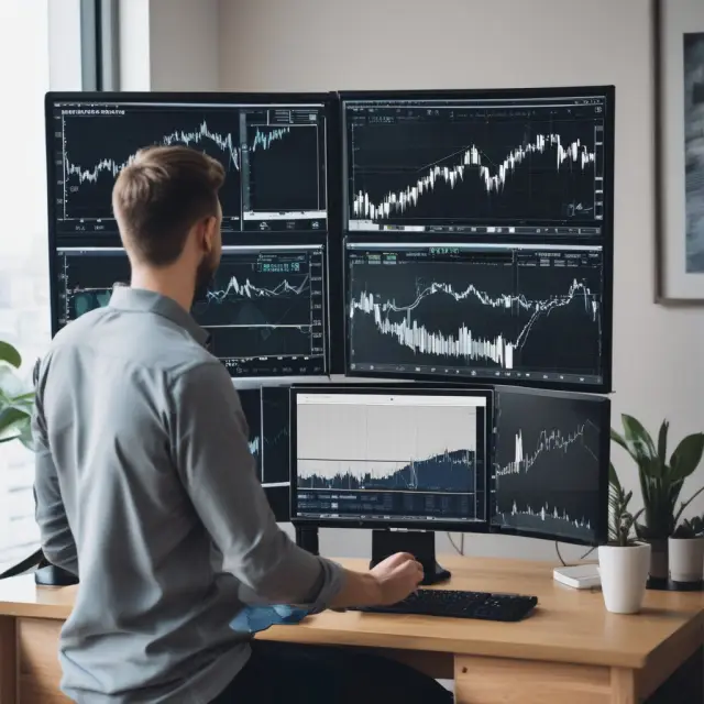 Swing trader analyzing potential setups with chart patterns and moving averages to identify entry points