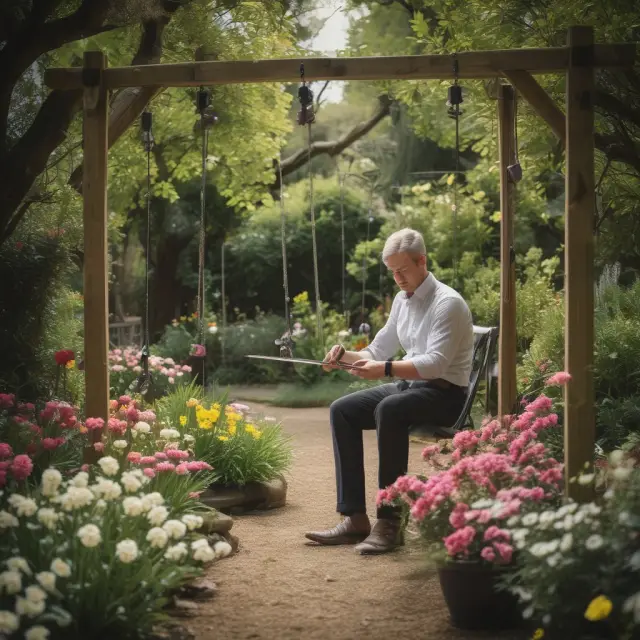 A swing trader tends to his diverse garden of assets, symbolizing the flexibility and adaptability of this investment strategy.