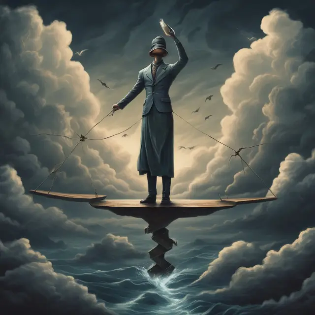 Swing trader on tightrope between gains and losses, with hourglass symbolizing time and stormy sky representing risks