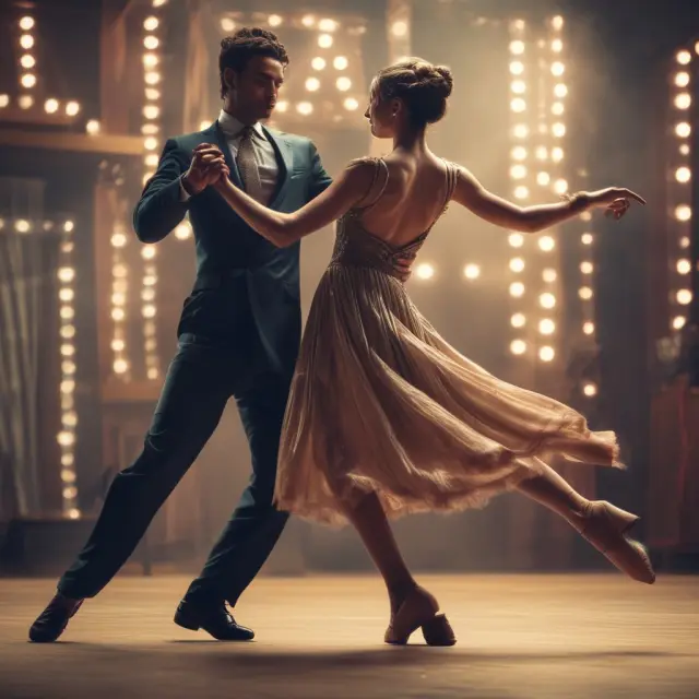Two stylized figures represent day trading and swing trading as dancers, illustrating their different strategies and time commitments on a revolving dance floor