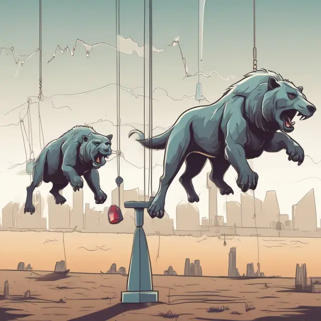 Metaphorical image of a swinging pendulum, symbolizing the balance between bullish and bearish market trends, with moving averages, cup & handle patterns in the background.