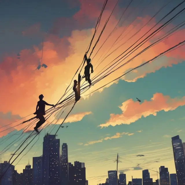 Swing trader navigating market volatility, managing overnight risk on a tightrope, emphasizing position management and effective risk strategies