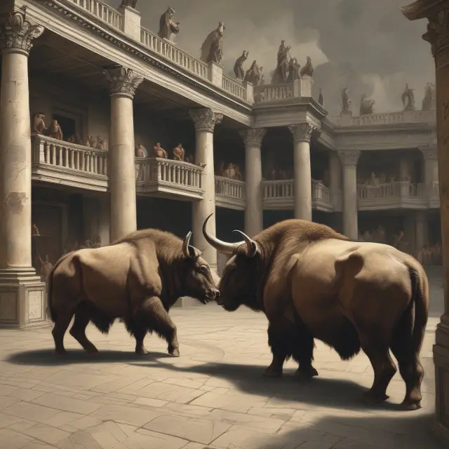 An elegant encounter between a bull and bear representing swing trading strategies, within a bustling marketplace