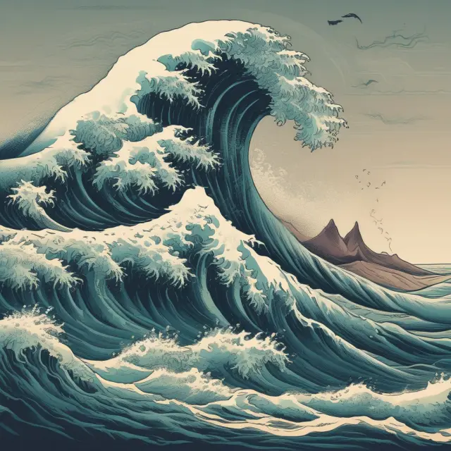 An image of historical and future market performance represented by asymmetrical waves: past trends in a powerful, turbulent wave versus the calmer, smoother future predictions
