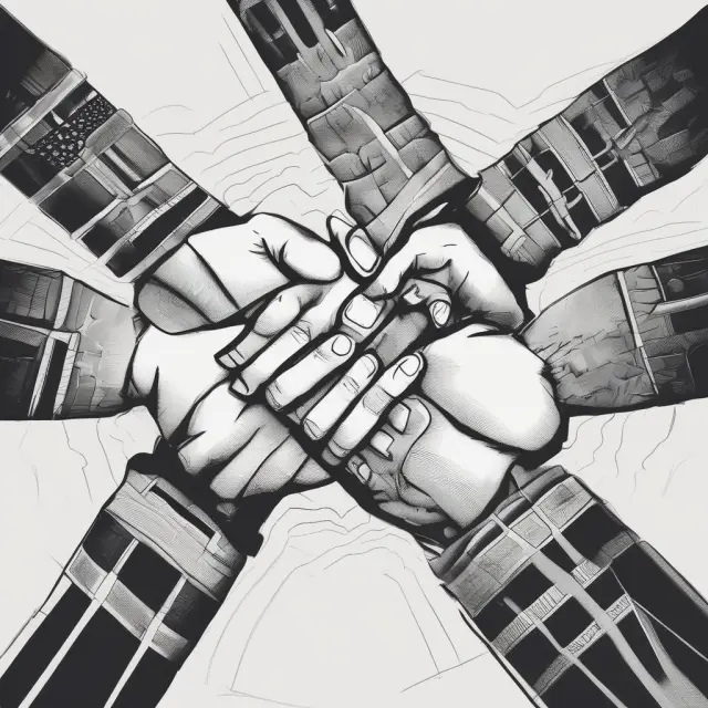 Two hands shaking: Temporary syndicate (left) and Permanent syndicate (right) collaborating for underwriting securities or managing risks
