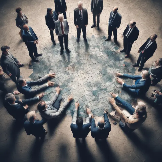 Professionals joining forces in a financial syndicate, depicted as a beautiful jigsaw puzzle