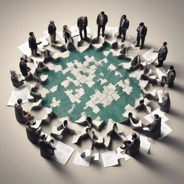 Gathered lenders collaborating on intricate syndicated loans, forming interconnected financial puzzle