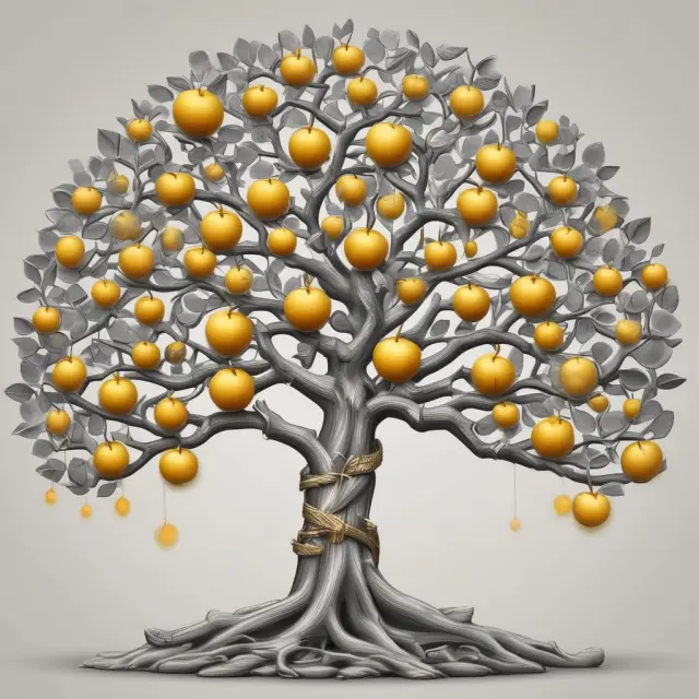 An image of a tree symbolizing three types of synergies - revenue (golden apples), cost savings (silver leaves), and financial gains (precious coins) - from mergers and acquisitions.