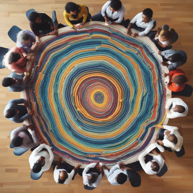 Employees working together on a tapestry, symbolizing effective communication and goal alignment in creating workplace synergy