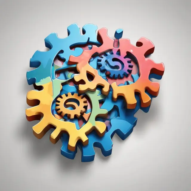 Image of two puzzle pieces creating a corporate logo: one representing synergy merger through combined strength, the other illustrating asset swap deals with interchanging gears