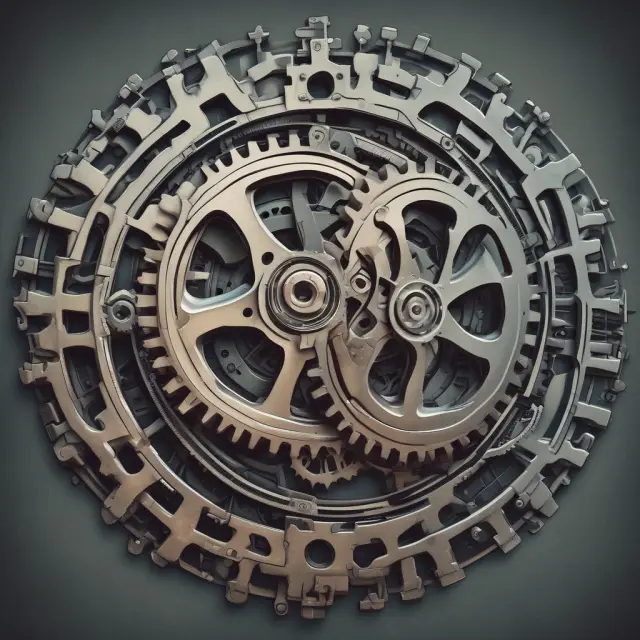 Two gears from merging corporations interlocking and struggling to mesh, symbolizing the complex challenges of achieving synergy in mergers & acquisitions