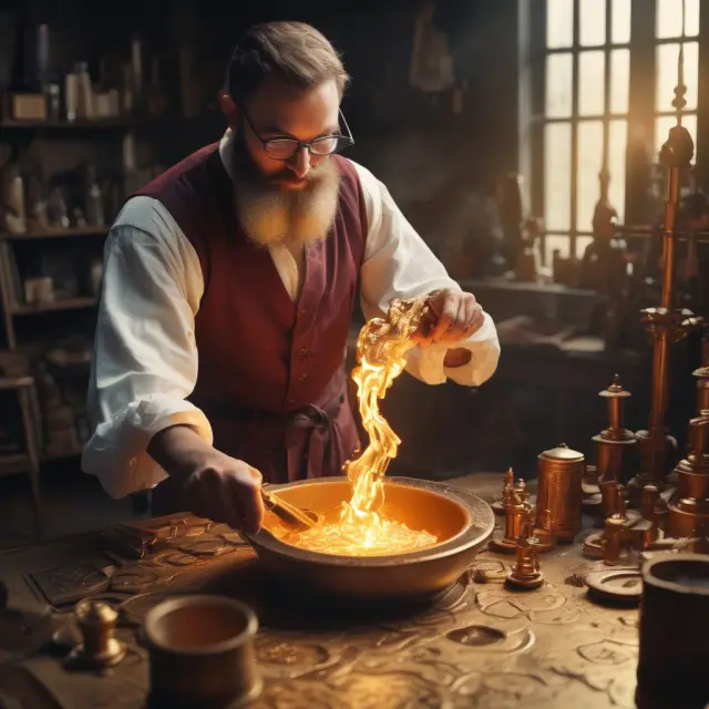 An alchemist, representing the investor, creates synthetic financial positions by weighing and combining various options on a golden scale, symbolizing customization and balance