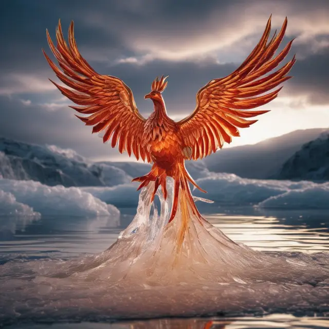 Phoenix rising from an ice sculpture, depicting synthetic products derived from traditional securities