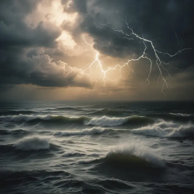 A stormy ocean representing potential market instability, with synthetic financial contracts shrouded in opacity
