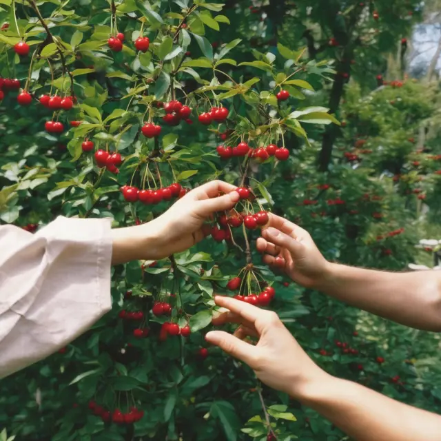 Researchers picking cherries at regular intervals to represent systematic sampling in data analysis
