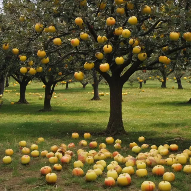 Golden apples symbolize data points in a systematic sampling study. Despite their apparent value, potential biases remain hidden within the orchard.