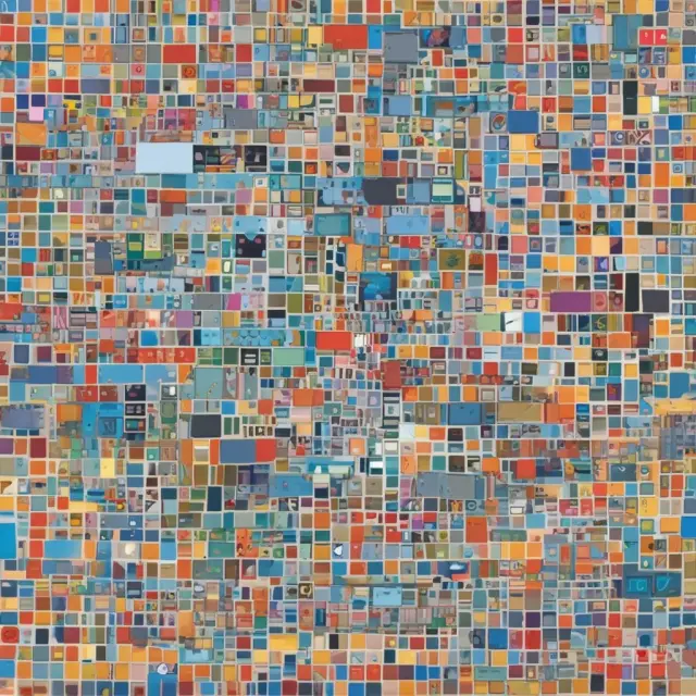 A vibrant mosaic showcasing systematic sampling in marketing research (green), sales analysis (blue), and data science (red).