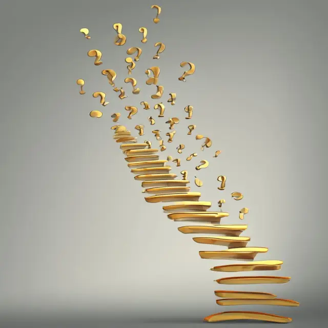 Golden question marks climbing a ladder, symbolizing frequently asked questions (FAQs) about systematic sampling