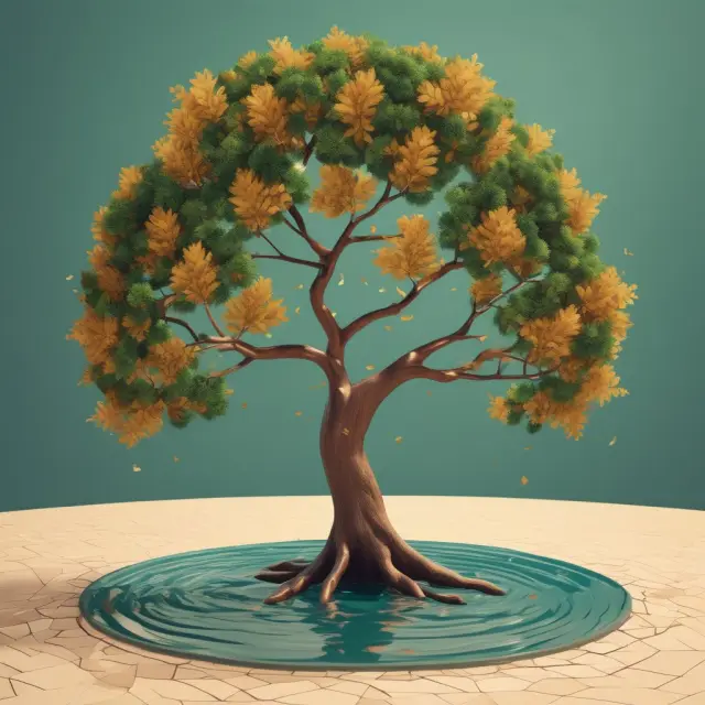 An evergreen tree sheds golden leaves representing SIP contributions into a pool of mutual funds and trading accounts