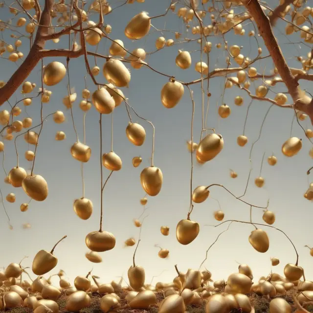 Golden acorns falling from tree branches into a pile, illustrating the idea of consistent savings and the power of compounding