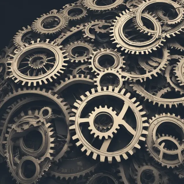 An intricate web of gears representing global financial institutions working together, emphasizing the significance of managing interconnectivity and risks within the financial system.