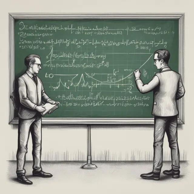 Two statisticians working on the chalkboard, developing the t-test formula with surrounding calculus symbols and a t-distribution curve