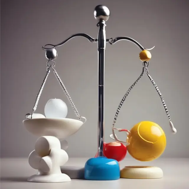 Two scales precariously balanced, one labeled 