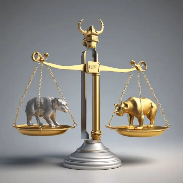 Golden t-test scales with a bull representing advantages and a bear symbolizing limitations, illustrating comparison and balance.