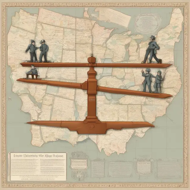 Image: A balance scale with worker rights and unions on opposite sides, perched above a map showing right-to-work states