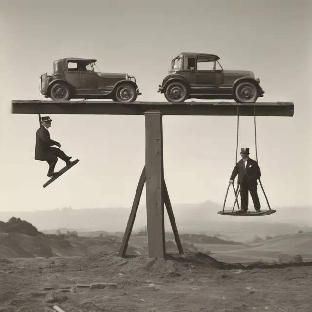 A balanced seesaw with economic indicators for wages, employment, and productivity representing the debate over the Taft-Hartley Act