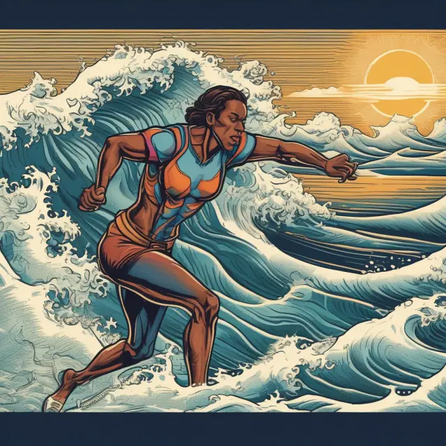 Minority investor surfing on the same wave as majority shareholders during stock issuance negotiations, symbolizing fairness and equal treatment with tag-along rights