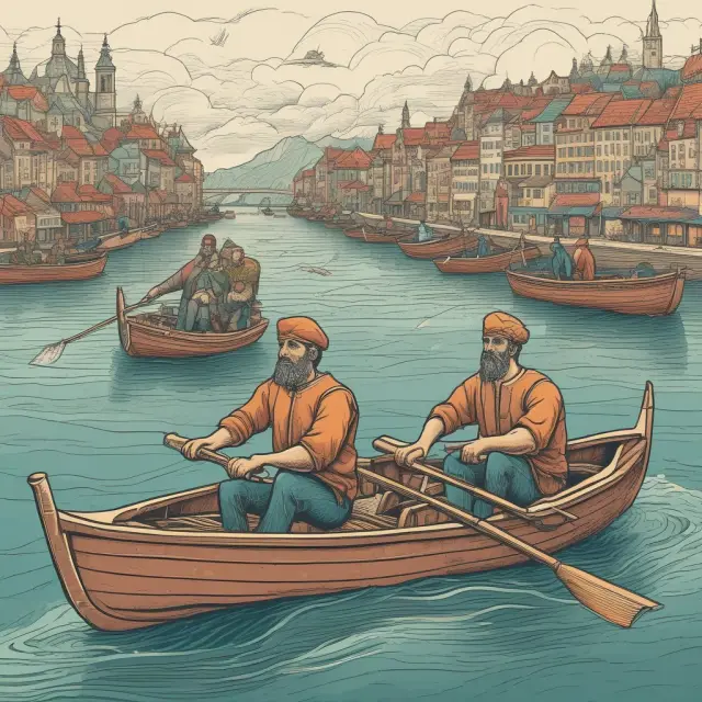 Three co-founders rowing a boat towards a safe harbor, representing the collective strength and equal bargaining power of tag-along rights during company sales