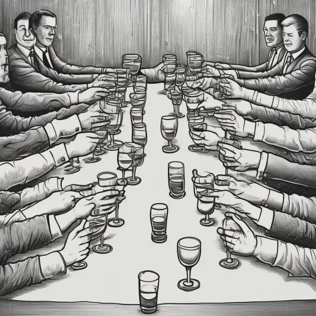 Negotiating table with interlinked hands and glasses symbolizing stakeholders