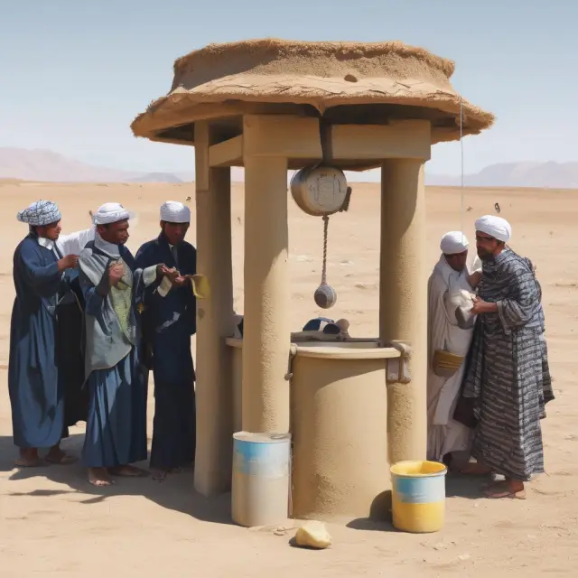 Community members contributing to a shared fund around a desert well, representing Takaful