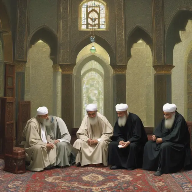 Islamic scholars carefully evaluating takaful versus conventional insurance, balancing fairness and risk with religious principles.