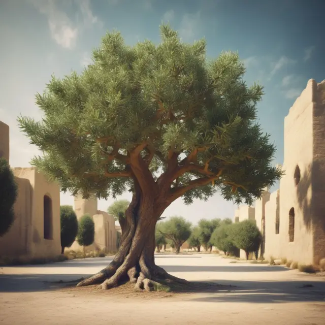 An olive tree representing the takaful fund, with participants gathering around, illustrating unity and cooperative administration.