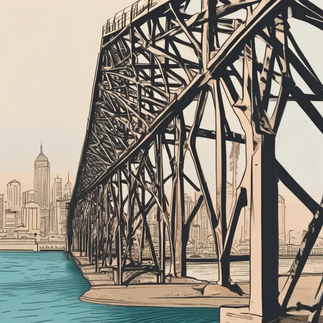 An image depicting a sturdy bridge constructed from sharia principles that connects the historical roots, current challenges, and future developments of Islamic finance.