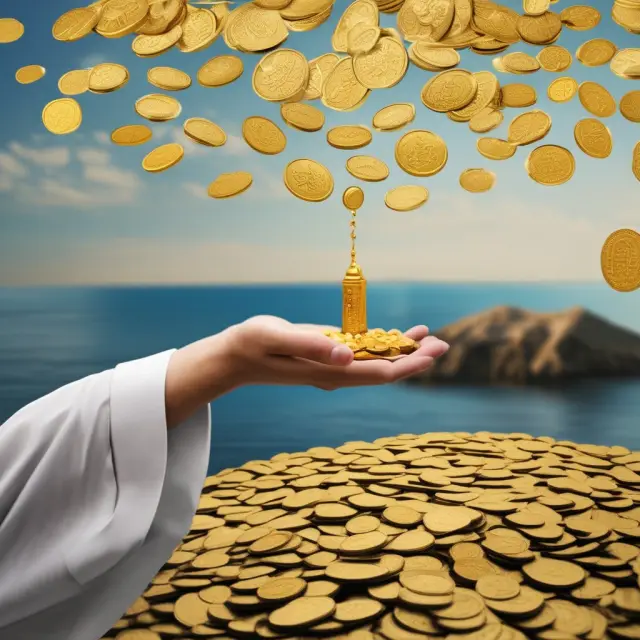 Hand extending to Islamic symbols on an island amidst a sea of gold coins. Embracing Takaful
