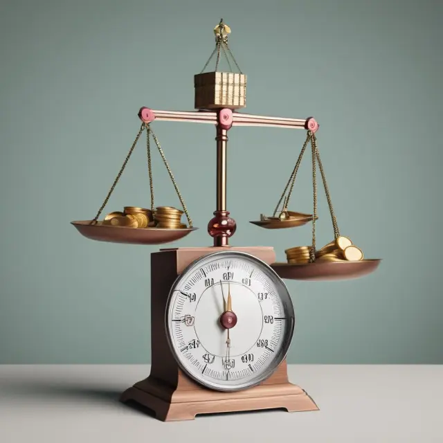 A scale weighing a pile of gold coins (gross income) against a stack of paper bills (take-home pay), emphasizing their balance in personal finance.
