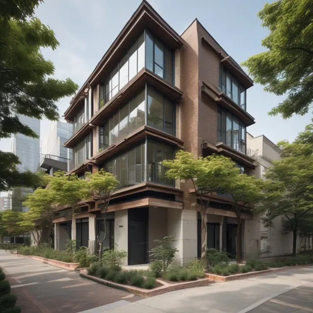 A construction site transforming into a blooming office building signifying the process of replacing a short-term construction loan with a long-term take-out mortgage.