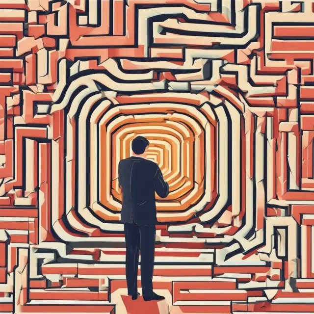 A business owner successfully emerges from a maze, clutching a golden take-out loan document symbolizing financial relief and savings